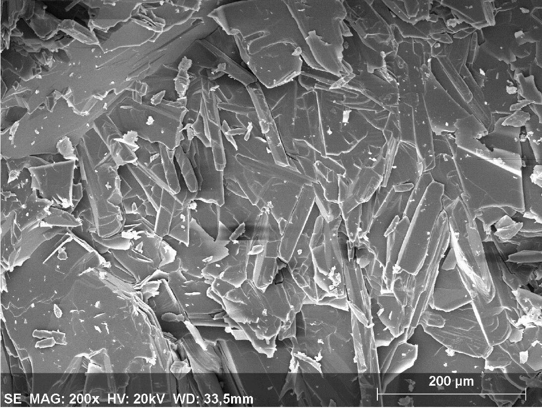 Scanning electron microscope image: platy minerals without fibres (200x magnification)