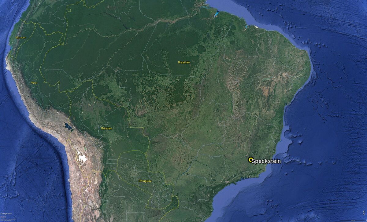 Satellite image of South America showing the location of the soapstone deposits in Brazil