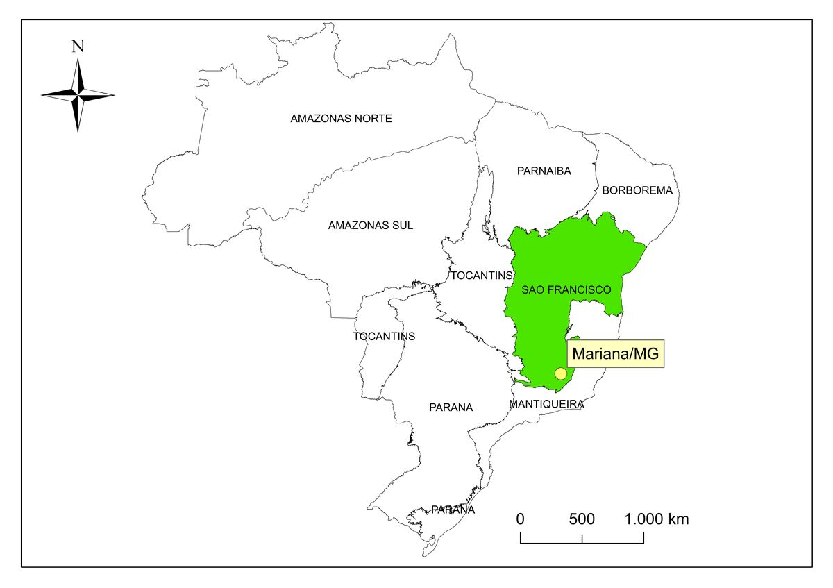 Map of Brazil showing the state of Minas Gerais and the town of Mariana